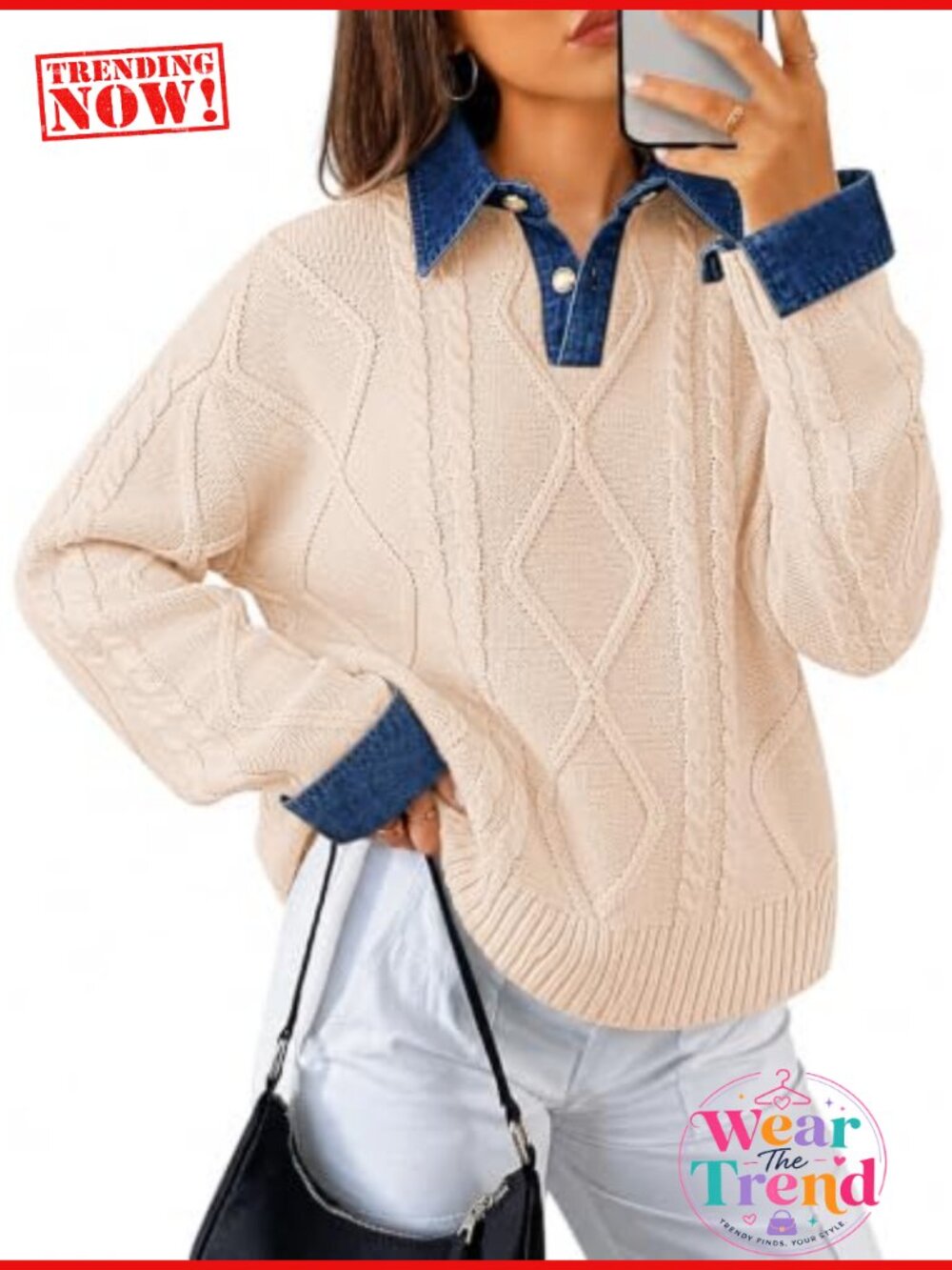 Cable Knit Sweater V-Neck Button Down Pullover Oversized Tunic Womens